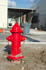 A vibrant red fire hydrant installed at a mixed construction site in urban scenery. Surrounding the...