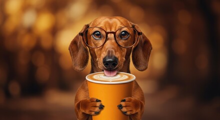 Cute Dachshund Dog in Glasses Drinking Coffee with Latte Art