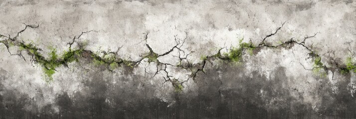 Obraz premium Cracked concrete features dark and light shades with green moss peeking through, showcasing nature reclaiming an urban landscape under natural light.