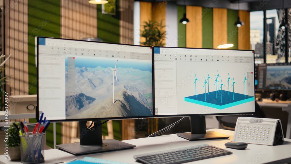 Poster wind turbine simulation on pc screens in research and development office. cad software on computer m