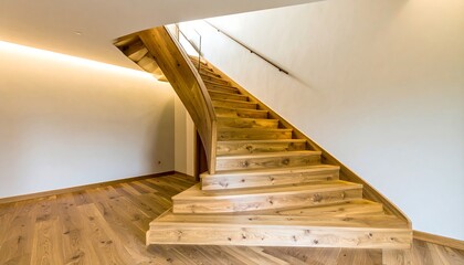 Modern wooden spiral staircase in a light-filled interior