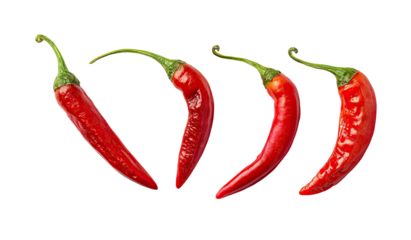 Four vibrant red chili peppers arranged in a slight curve against a black background.  Each pepper displays a slightly wrinkled, glossy skin and a pointed green stem
