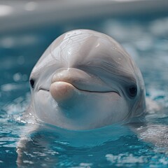 Fototapeta premium Close-up view of a playful dolphin's face, showcasing its soft, light gray skin and gentle expression, reflecting in the sparkling blue water.