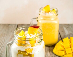 Mango smoothie and parfait on rustic wooden table