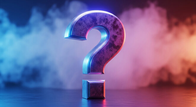 Metallic question mark on dark surface, neon blue and pink smoke background, symbolizes inquiry, uncertainty, or riddle, ideal for websites or presentations