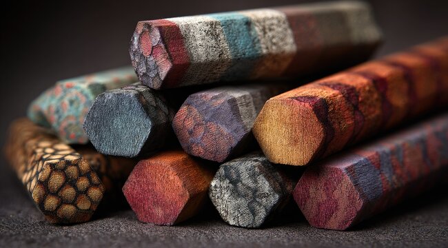 Hexagonal, decorative colored pencils stacked