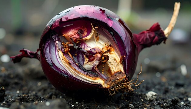 A close-up view of a split red onion resting on dark soil, showcasing its intricate layers and earthy tones. - Powered by Adobe