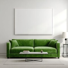 A minimalist living room featuring a vibrant emerald green sofa, a white framed canvas, and a sleek marble coffee table.