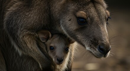 Kangaroo mother and joey close up