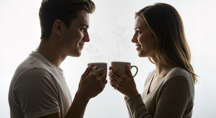 A Young Couple Holding Coffee Mugs and Smiling at Each Other Against a White Isolated Background in Silhouette