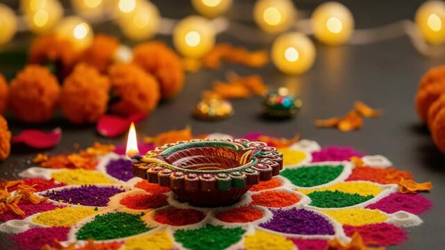 Decorative Diwali rangoli with oil lamp and vibrant flowers on dark surface, intricate pattern with colorful powders and petals, festive Diwali celebration atmosphere enhancing joy and warmth.