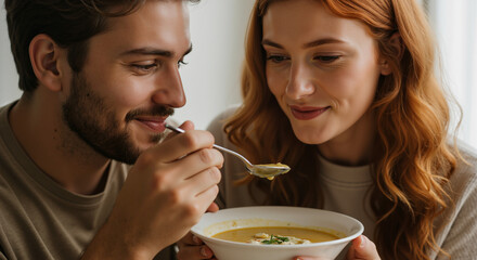 A Tender Moment A Couple Shares A Hearty Bowl Of Delicious Soup Together On A Quiet Day