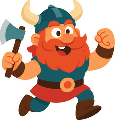 Cartoon Viking Warrior Character with Axe and Horned Helmet Vector Illustration