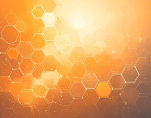 A vibrant, warm orange backdrop displays a complex network of interconnected hexagonal shapes, creating a visually engaging and futuristic design.