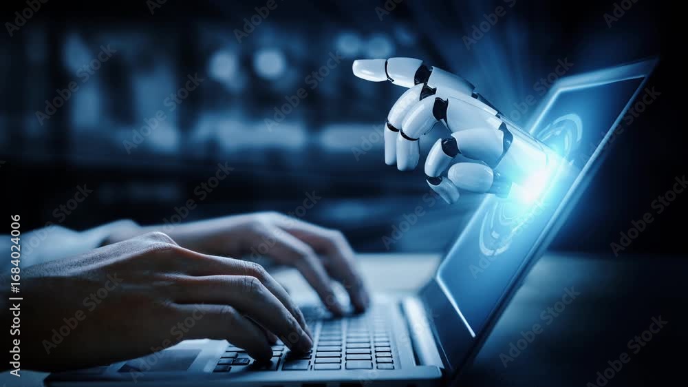 Poster futuristic robot artificial intelligence enlightening ai technology development and machine learning