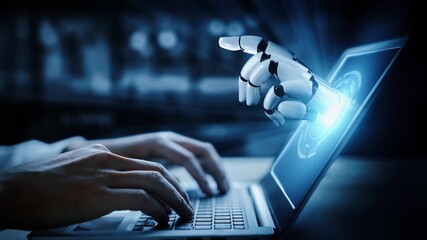 Futuristic robot artificial intelligence enlightening AI technology development and machine learning concept. Global robotic bionic science research for future of human life. 3D rendering graphic. - Powered by Adobe