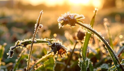Frost-covered plants at dawn, bathed in warm sunlight, showcasing delicate ice crystals on blades of grass.