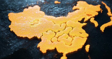 Beginning with droplets merging into honeycomb golden mass forming map outline on dark substrate - Powered by Adobe