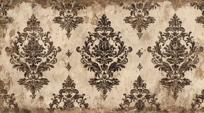 Fototapeta Creamy beige background with dark brown damask pattern, distressed texture