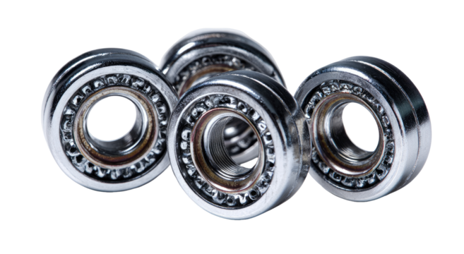Close-up of four metallic ball bearings, arranged in a slightly overlapping circular pattern.  Shiny, chrome-like finish.  High-quality, precision components