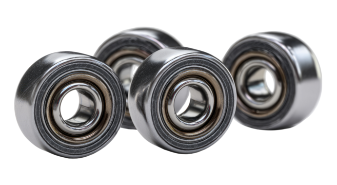 Close-up of four metal bearings