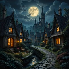 Cozy and mystical medieval village at night with a cobblestone path, a stream, and a distant gothic castle under a full moon.