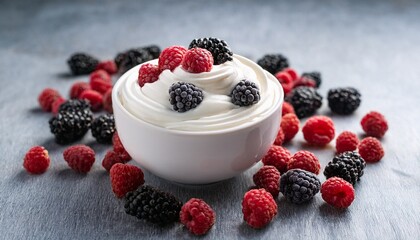 delicious swirl of creamy frozen yogurt in a white cup surrounded by fresh raspberries and blackberries