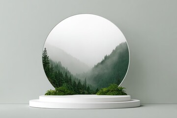 A minimalist, modern presentation platform, featuring a circular frame showcasing a misty mountain landscape with lush evergreen trees.