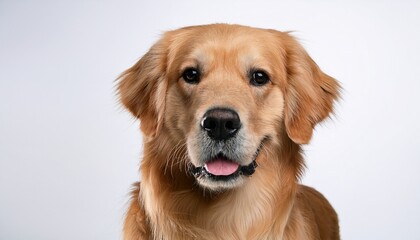 a friendly golden retriever stands out against a pure white background showcasing its playful and loving nature