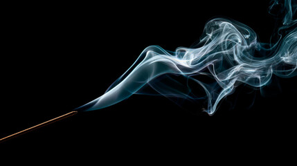 A single, elegant wisp of pure white smoke rising from the smoldering tip of a stick of incense against a solid black background.