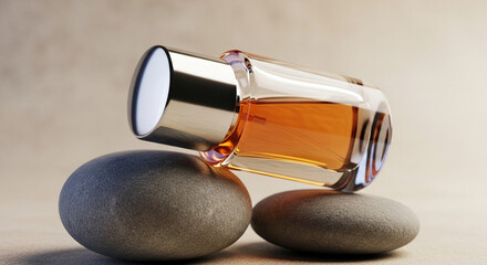 Amber perfume bottle rests on gray stones, showcasing elegance and serenity A minimalist product display, ideal for fragrance advertising or beauty blog