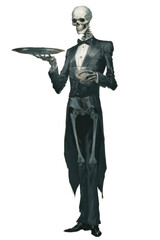 Elegant skeleton waiter presenting a silver tray in formal attire
