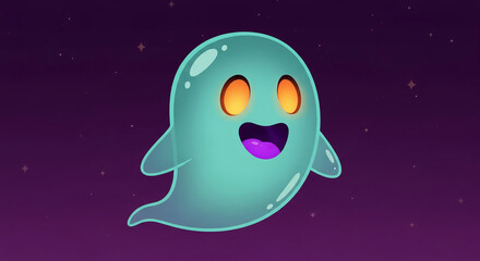 Smiling teal ghost against purple space background, glowing eyes and mouth, playful design, perfect for Halloween or children's themes