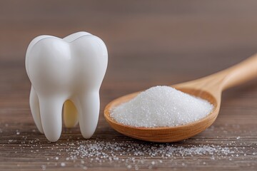 A white plastic tooth beside a wooden spoon filled with granulated sugar on a wooden table