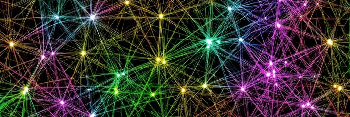 Brightly colored lines and nodes create an intricate web of connections, illustrating a lively digital network against a dark background.