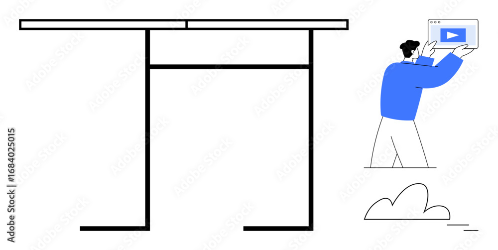 Poster individual holding video content display next to sleek minimal desk structure and cloud. ideal for t