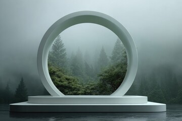A minimalist white podium framed by a circular archway, showcasing a misty forest scene.
