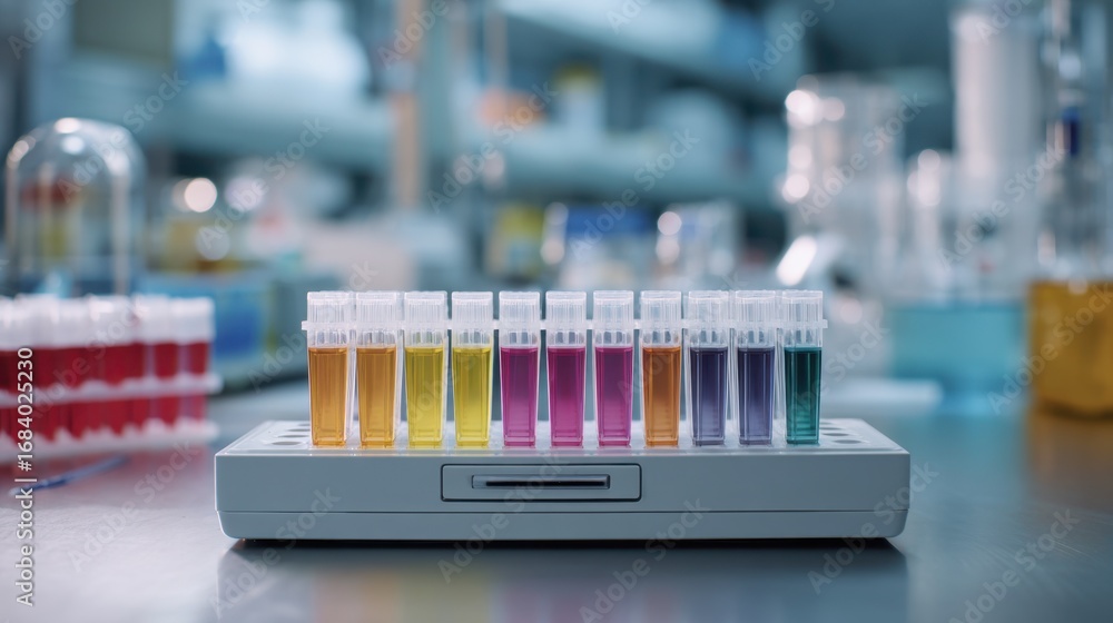 Poster Medium shot focusing on the row of colorful ELISA wells in a microplate reader contrasted by an outoffocus laboratory environment behind it.