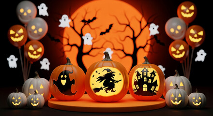 Carved pumpkins with Halloween motifs on a display, surrounded by ghost and skull balloons against a moonlit background, showcasing a festive Halloween scene