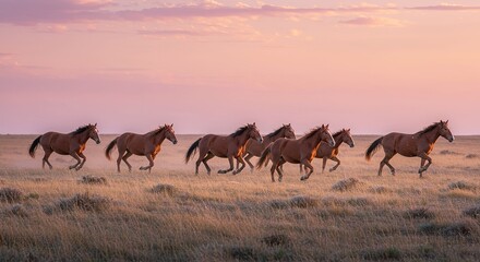 Fototapeta premium Wild Horses Running at Sunset Prairie Landscape running horses g