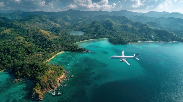 Plane flies over a coastline with tropical forest hills and blue ocean waters - Powered by Adobe
