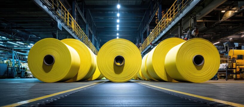 Industrial warehouse interior, large yellow rolls of material,  central aisle - Powered by Adobe