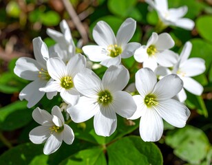 A cluster of delicate white flowers with vibrant green foliage, showcasing nature's beauty in a close-up, detailed composition.