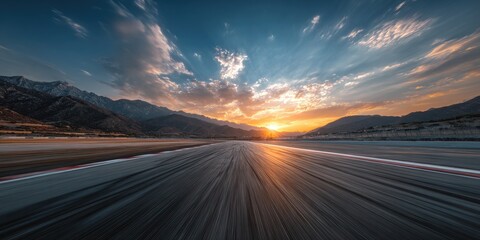 A breathtaking track at sunset, mountains in the background, motion blur