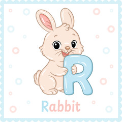 Letter R with Rabbit Cute Educational Alphabet Flashcard for Kids