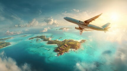 Naklejka premium Airplane soars above a tropical island paradise, sparkling ocean, blue skies and sunlight