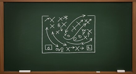 A complex sports playbook diagram meticulously drawn on a green chalkboard, symbolizing strategic planning and teamwork for success