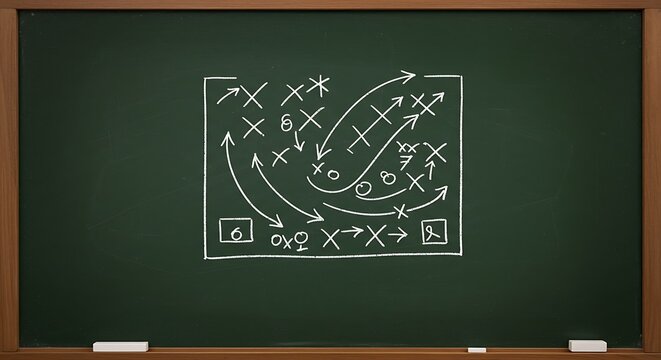 A complex sports playbook diagram meticulously drawn on a green chalkboard, symbolizing strategic planning and teamwork for success