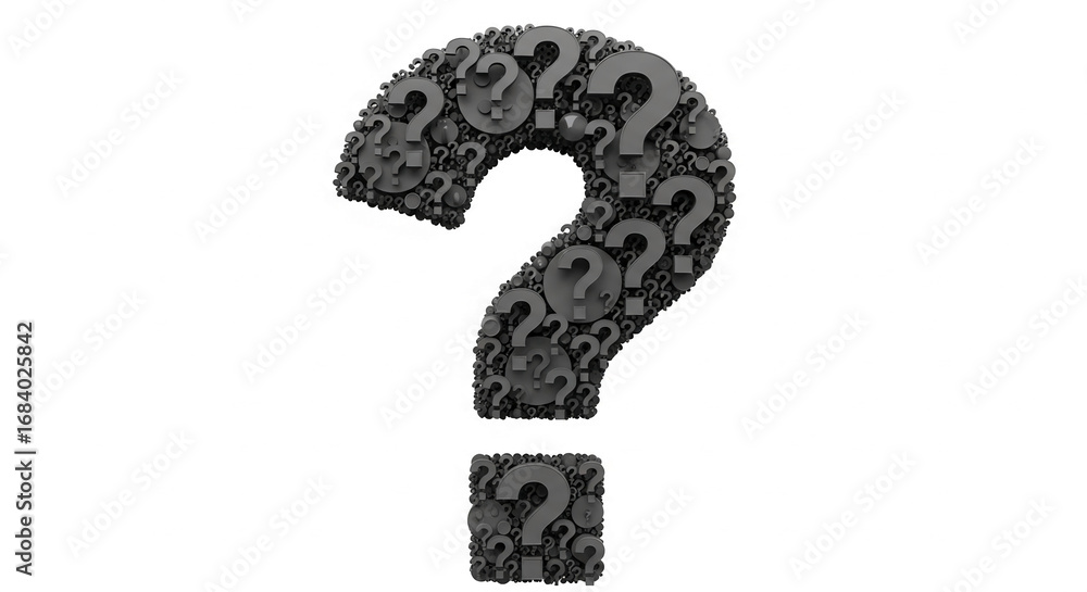 Poster large question mark formed from smaller question marks, isolated on white background, symbolizing in