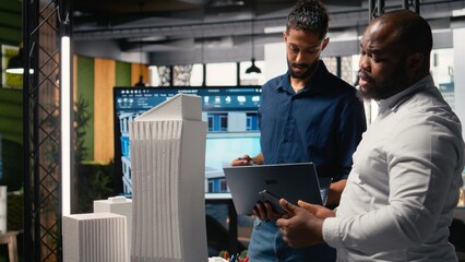 Contractors and property developers work together on a city planning initiative aimed at infrastructure and housing growth through investment and design. Architectural 3D models.